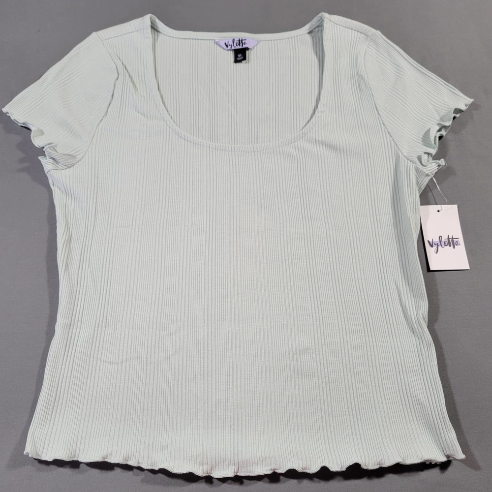 Shirt Crop Top Stretch Green Ribbed Short Sleeve Scoop Neck Womens XL Vylette